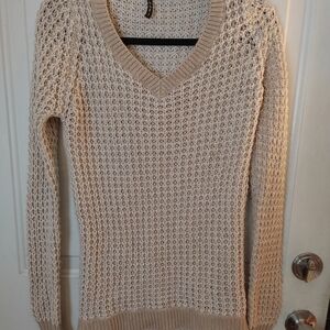 Poof Apparel Sweater Womens Sz S V Neck Zip Sleeve Chunky Knit Classic Pull Over